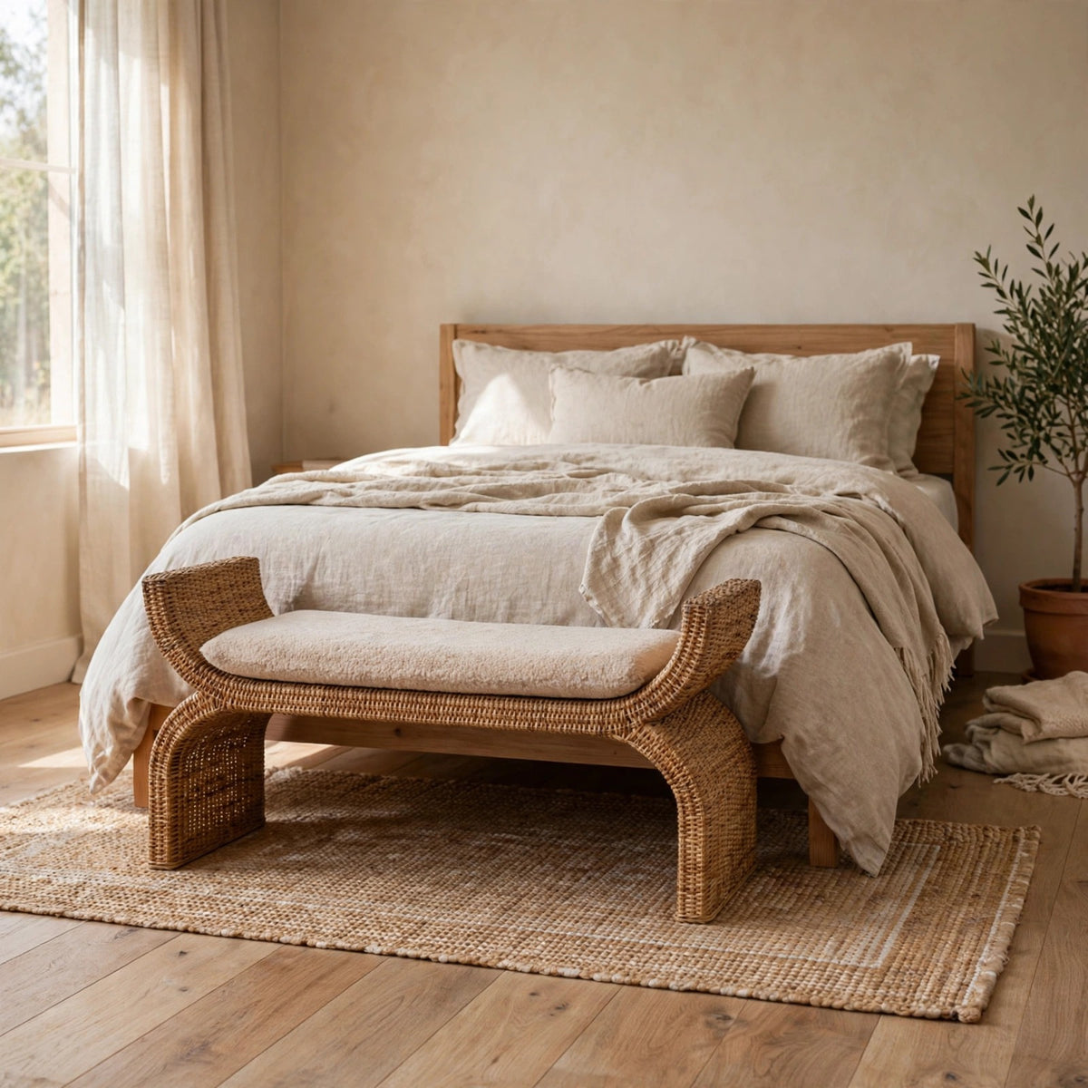 Rattan weave boucle bench with a solid mango wood frame styled in a room