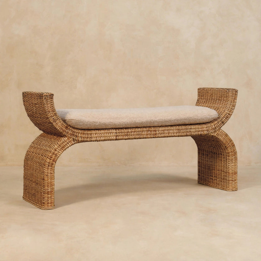 Rattan weave side panel of the mango wood bench in a living space
