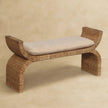 Rattan weave boucle bench styled as bedroom seating