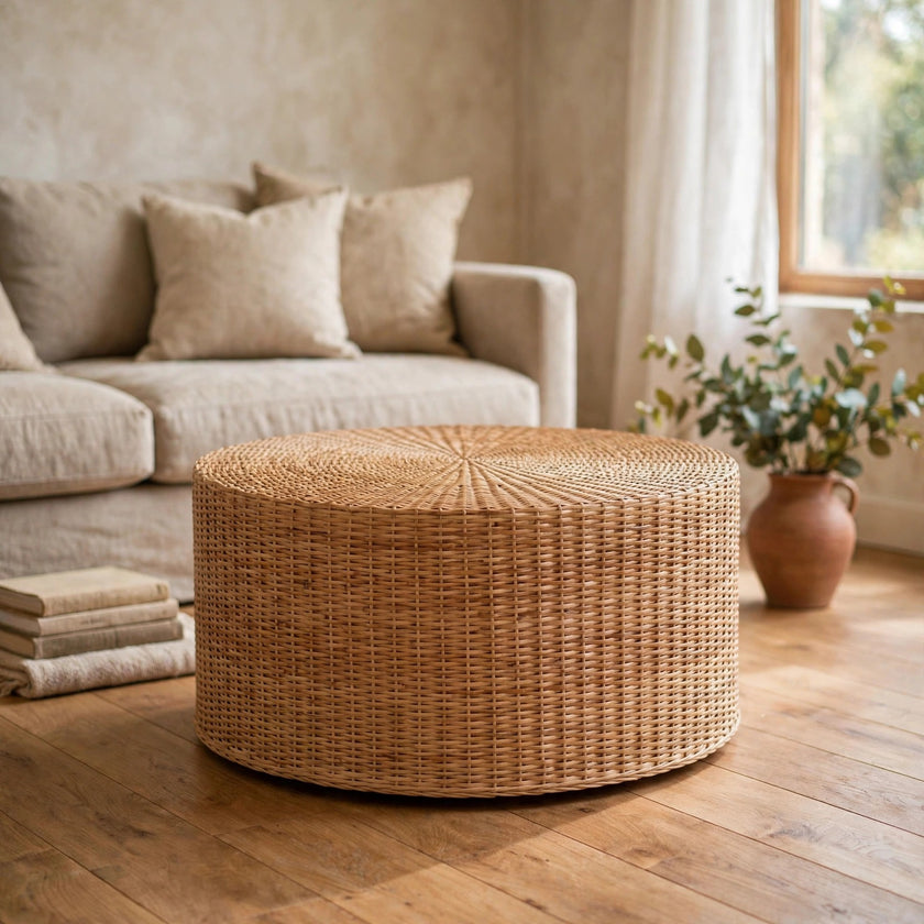 Round woven coffee table with a smooth circular top styled in a living room