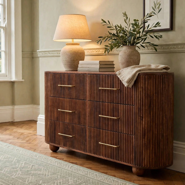 Ridgefront chest of drawers in Roasted Almond solid mango wood, styled in a room