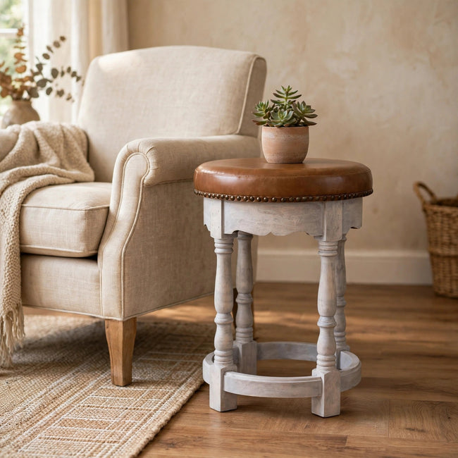 Rustic Charm mango wood stool with brown leather seat styled in a living room