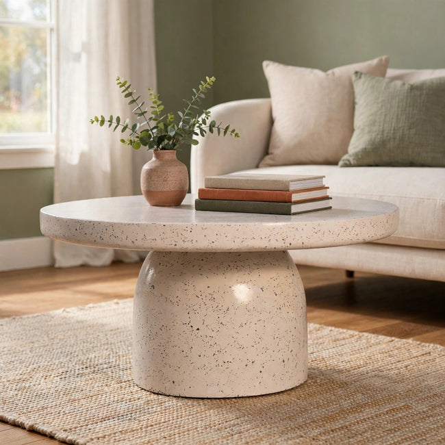 Serenity terrazzo coffee table with a pedestal base styled in a living room