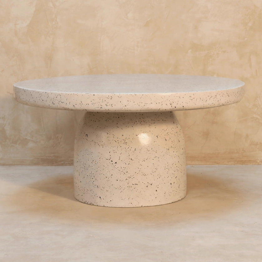 Front view of the Serenity terrazzo coffee table in a living room setting