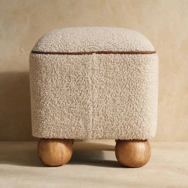 Serenity footstool with handwoven cotton upholstery, shown in a room from a different angle
