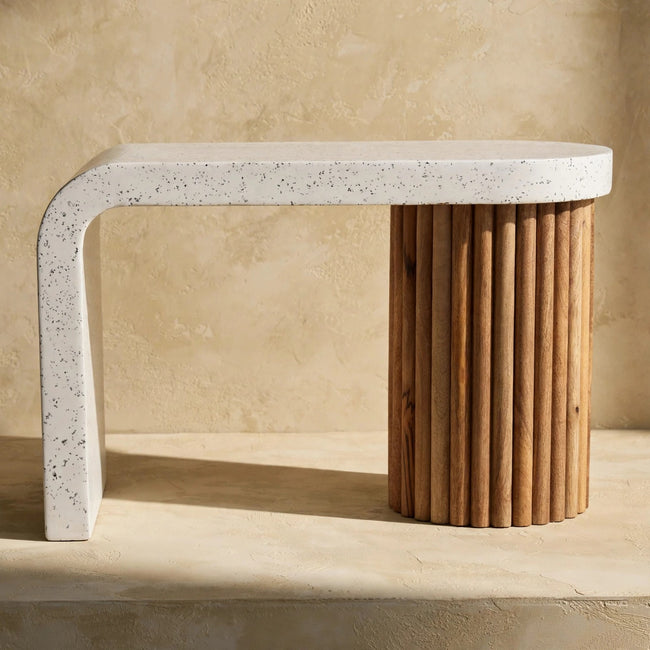 Side view of the Serenity coffee table showing the ridged mango wood edges