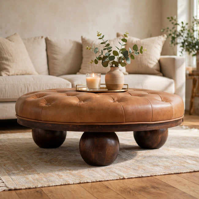 Sfera coffee table with a tufted brown leather top and ball feet in a styled living room