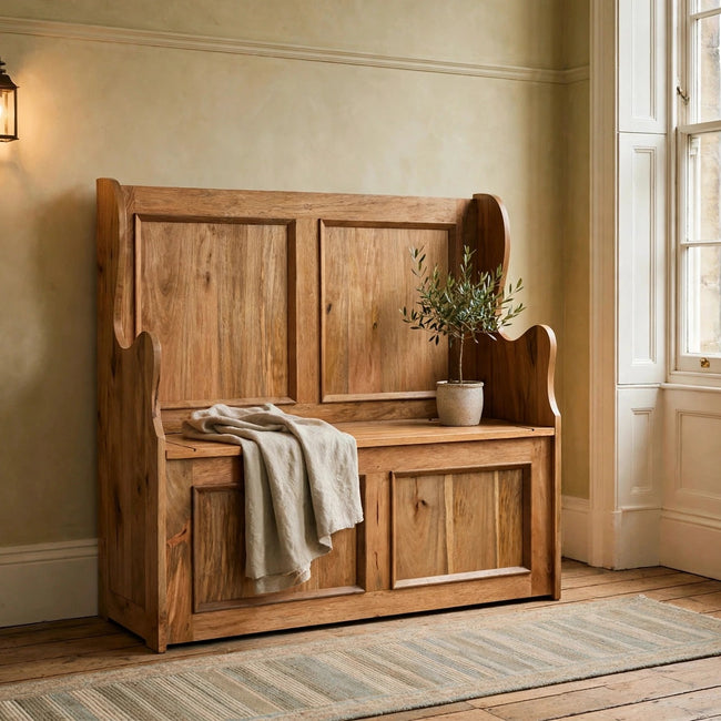 Small Monks storage bench in solid mango wood with a natural oak-ish finish, shown in a room setting