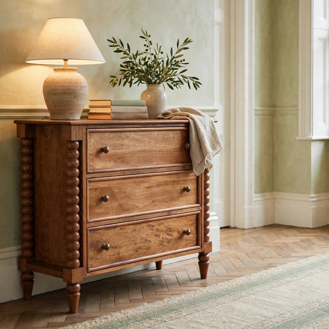 Spindle chest of drawers in amber oak finish with three drawers and round knobs, shown in a styled room