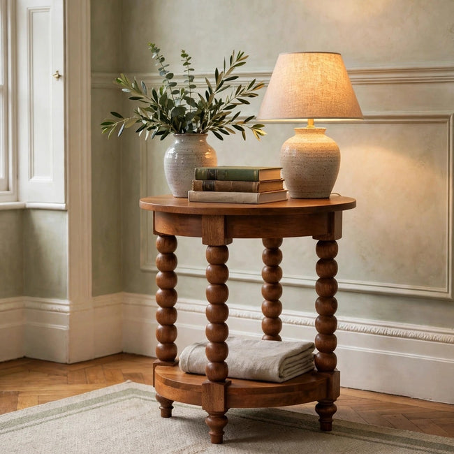 Spindle Round Side Table in solid mango wood with a Golden Teak finish, shown in a living room