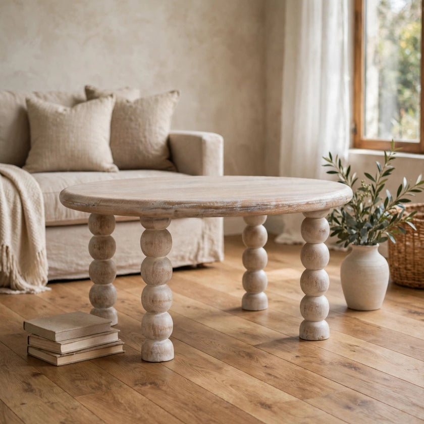 Salted Oak mango wood coffee table with turned spindle legs styled in a living room