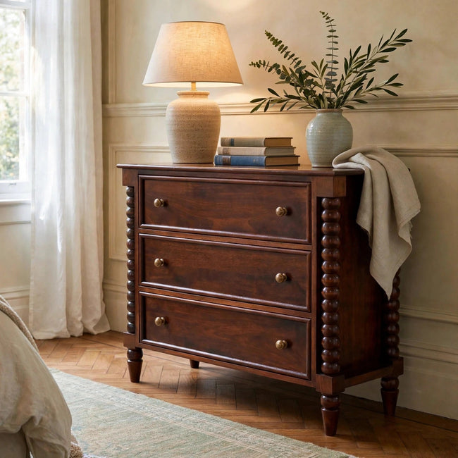 Spindle Winewood Chest of drawers in a styled room with a Winewood Oak finish