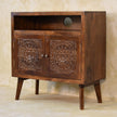 Tova open shelf cabinet in a room, showing the large open slot and door fronts