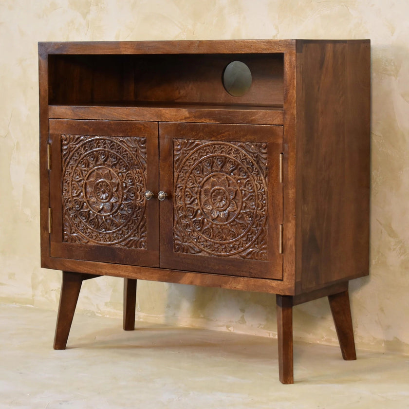 Tova open shelf cabinet in a room, showing the large open slot and door fronts