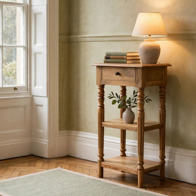 Turned leg telephone table in solid mango wood styled in a living room