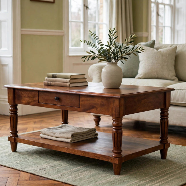 Chestnut mango wood coffee table with turned legs and two drawers in a living room
