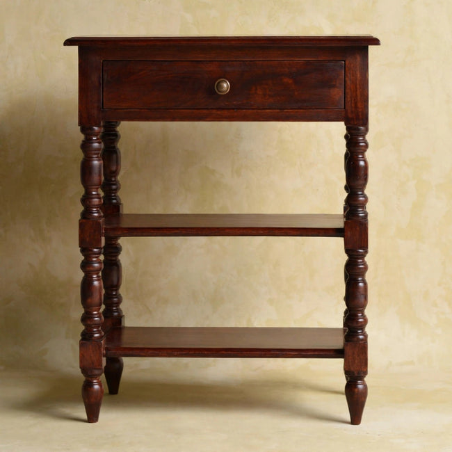 Mango wood occasional table with hand-turned legs styled in a room setting
