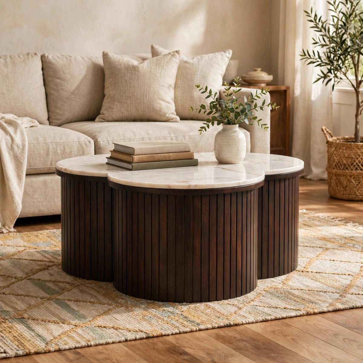 Verona marble coffee table with a white marble top and mango wood in a living room