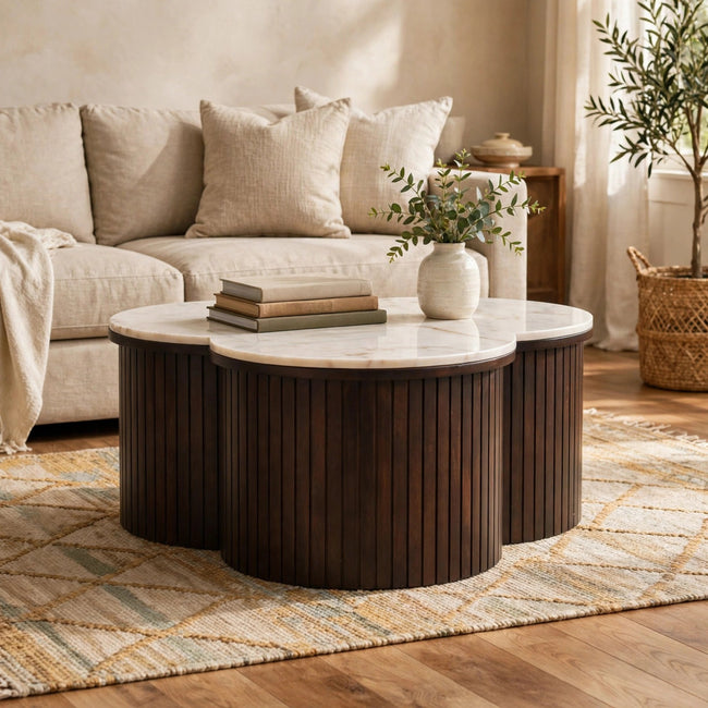 Verona marble coffee table with a white marble top and mango wood in a living room