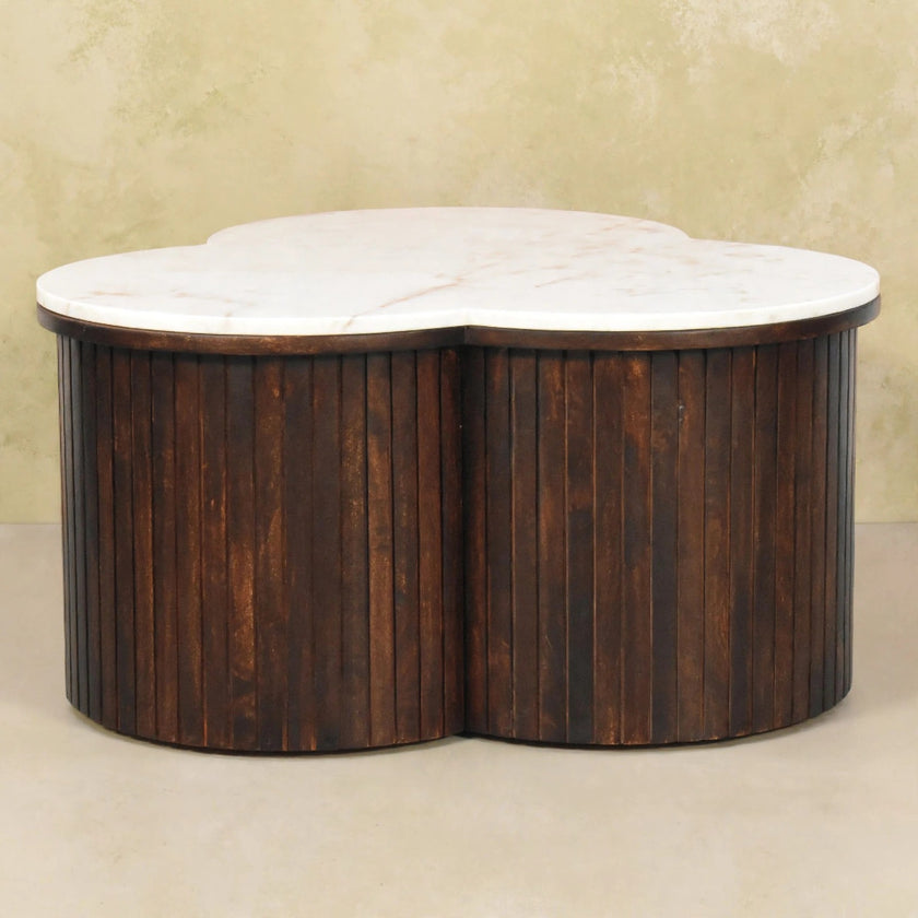 Side view of the Verona coffee table showing fluted detailing on the mango wood